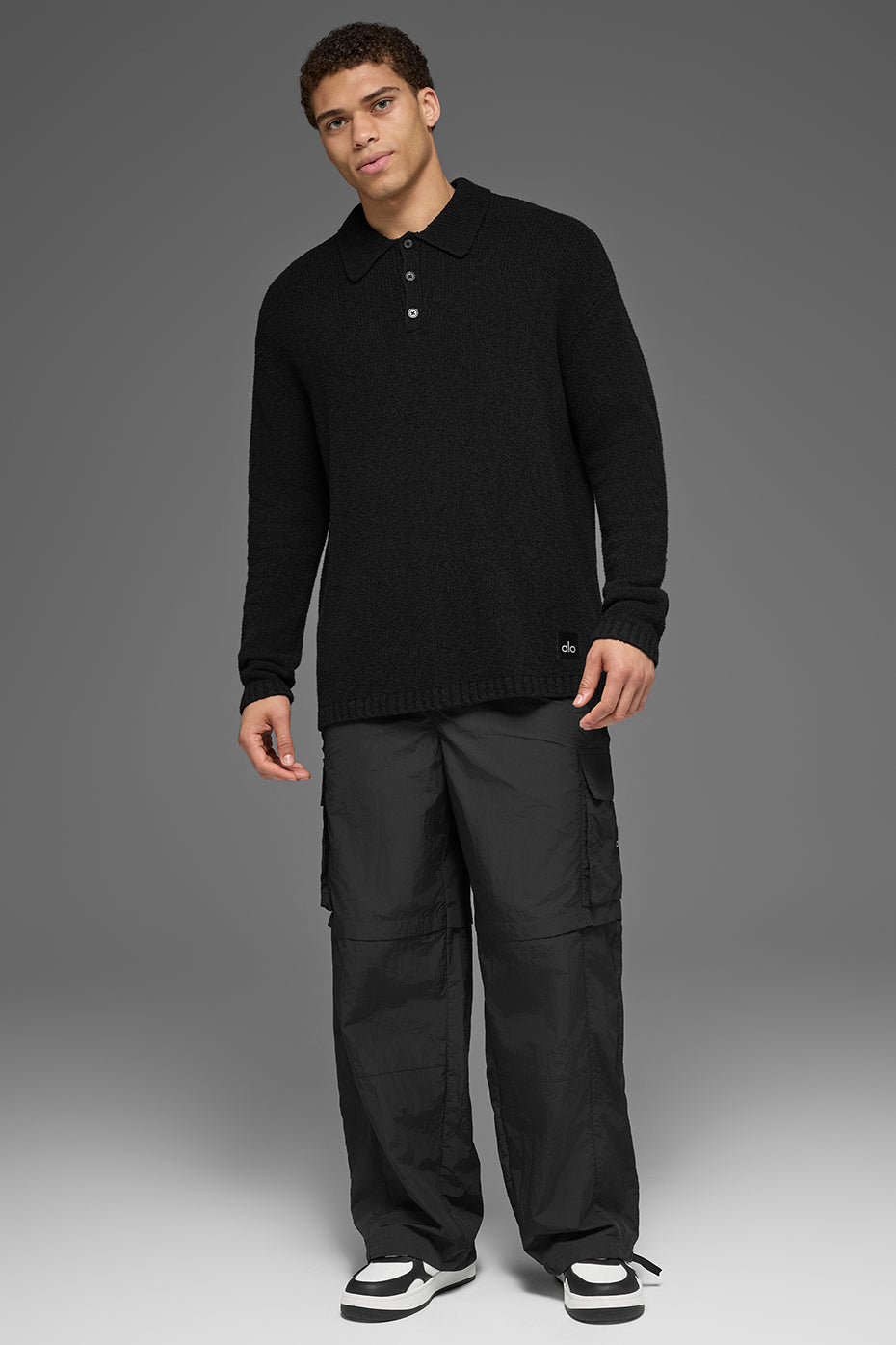 Textured Knit Long Sleeve Polo - Black - Image 5