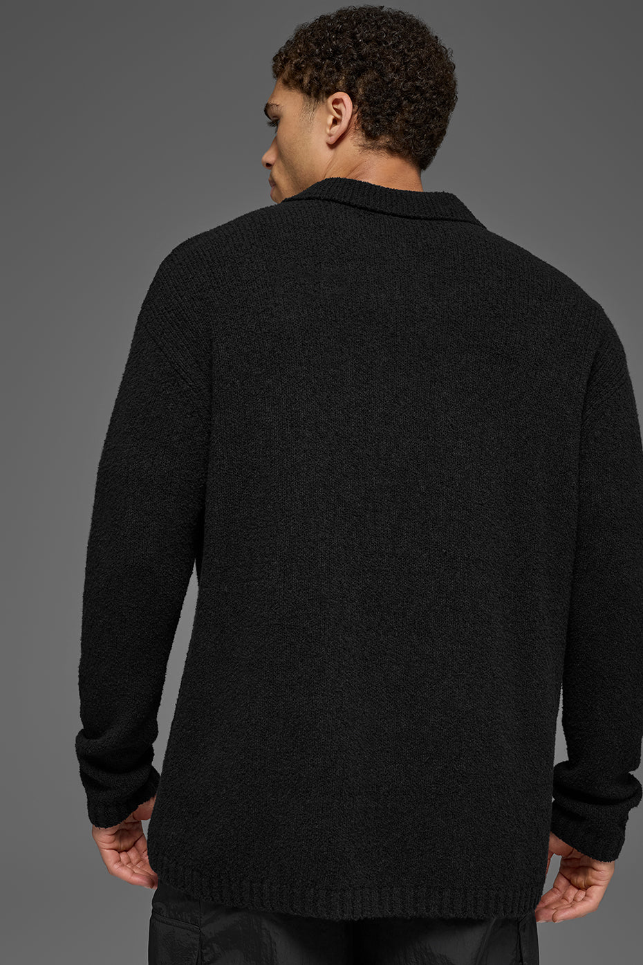 Textured Knit Long Sleeve Polo - Black - Image 3