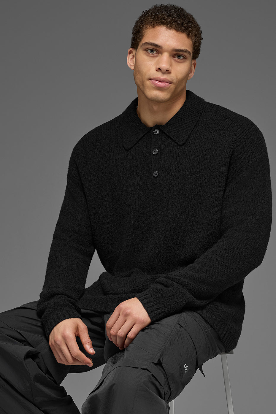 Textured Knit Long Sleeve Polo - Black - Image 4