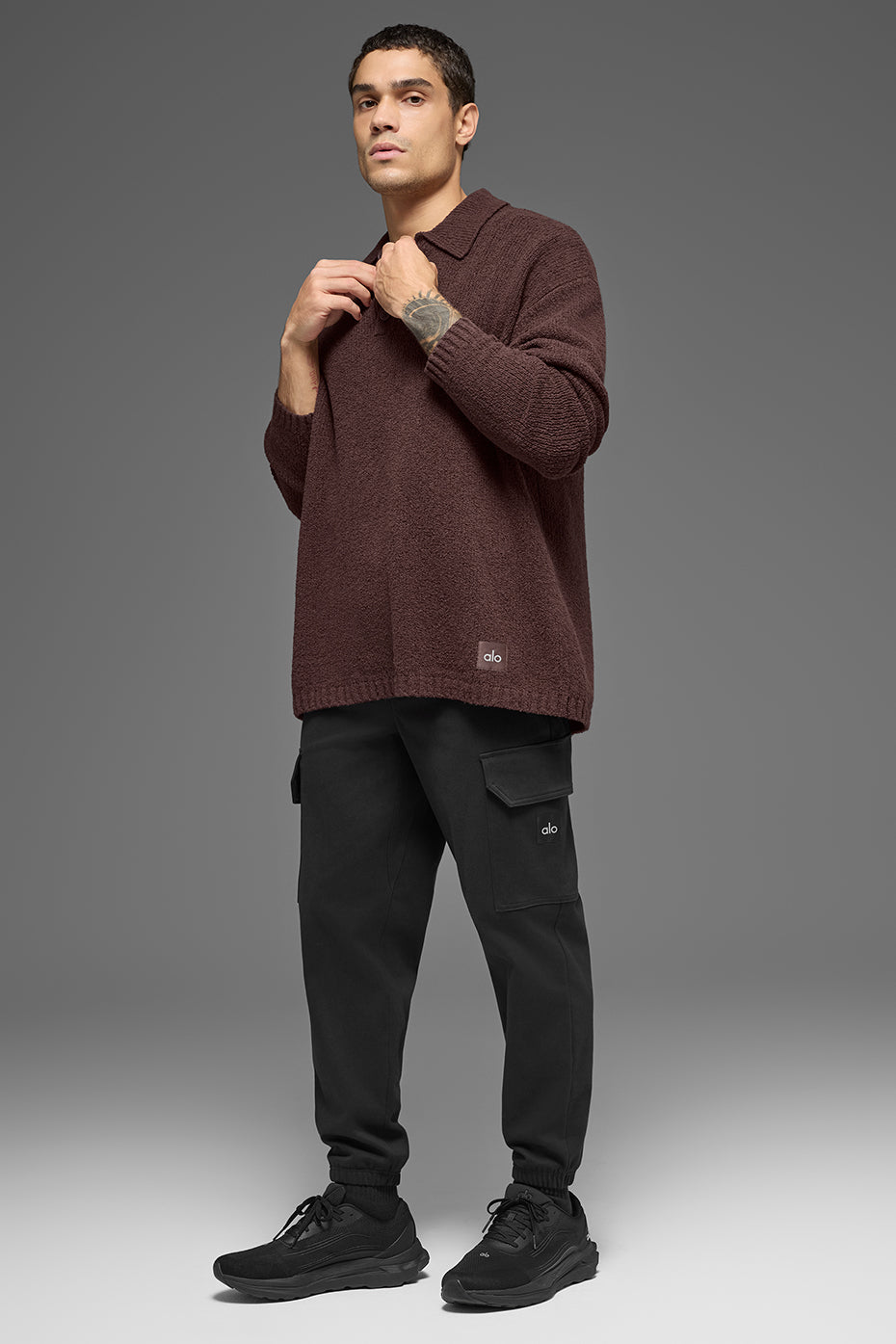 Textured Knit Long Sleeve Polo - Brownstone - Image 5