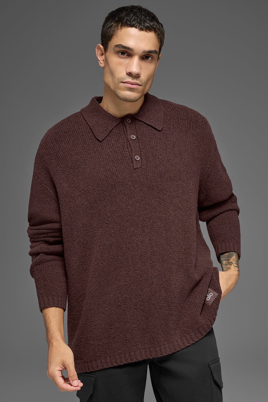 Textured Knit Long Sleeve Polo - Brownstone - Image 2