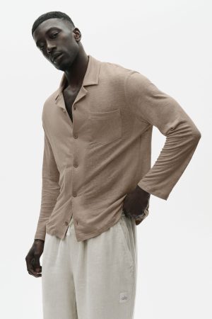 Linen Jersey Coastal Long Sleeve Button Up - Gravel