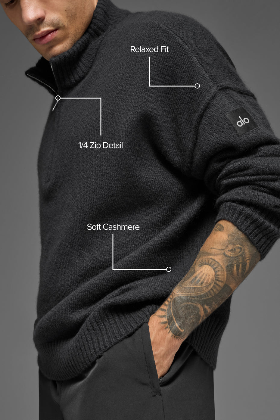 Wool Cashmere New Class 1/4 Zip Pullover - Black - Image 2