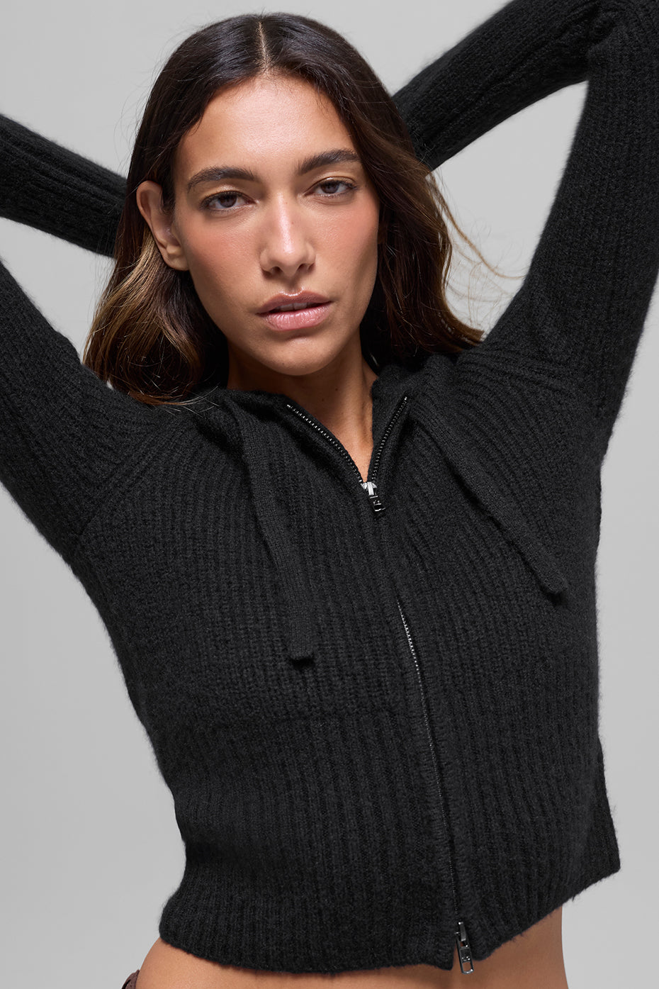 Wool Cashmere Ribbed Noble Full Zip Hoodie - Black - Image 4
