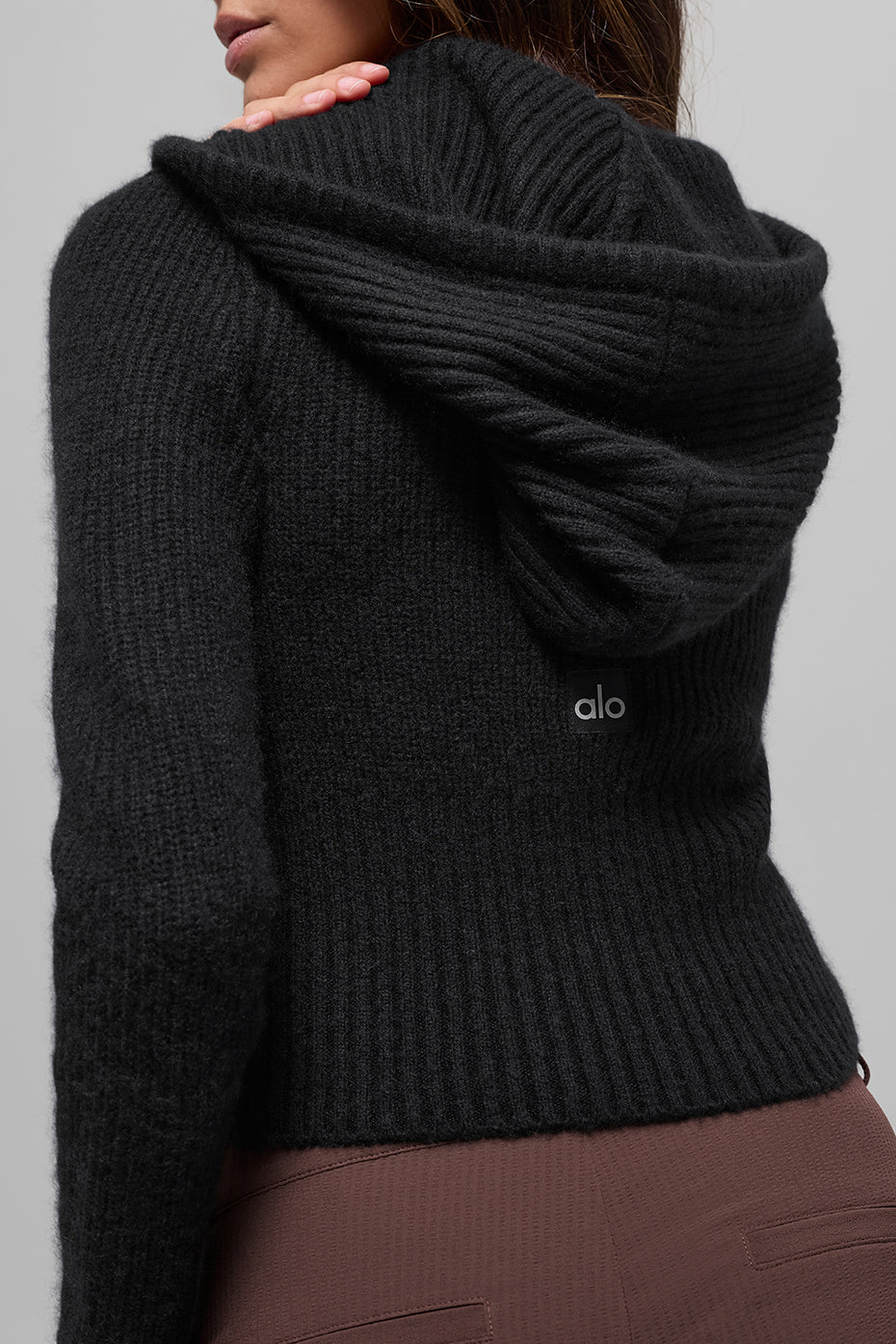 Wool Cashmere Ribbed Noble Full Zip Hoodie - Black - Image 3