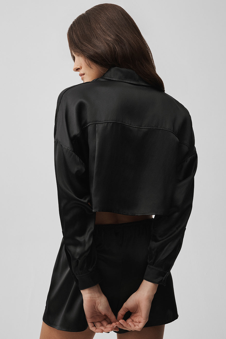 Silk Luminous Cropped Button Down Long Sleeve - Black - Image 2