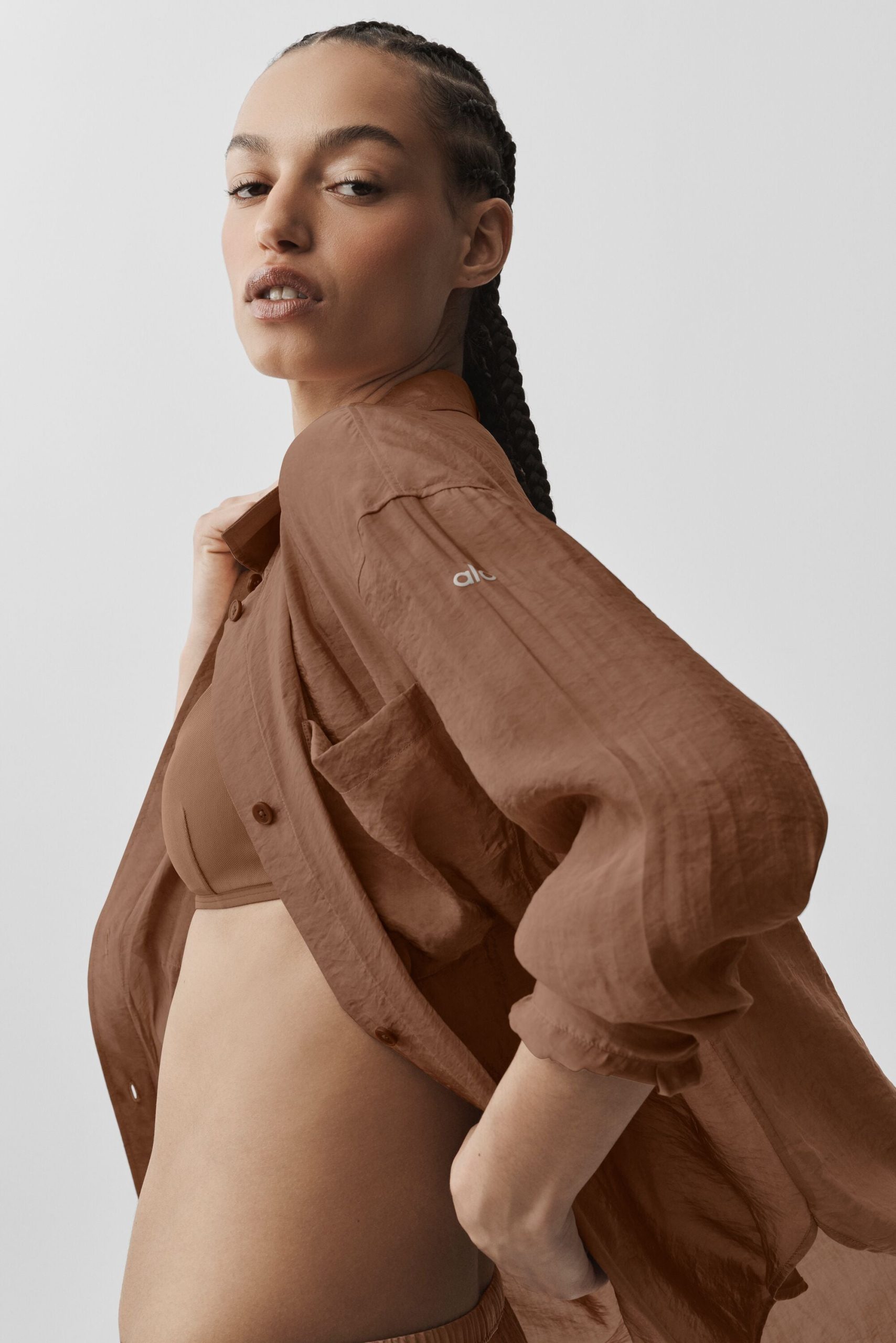 Semi-Sheer Golden Hour Button Down Long Sleeve - Sun Kissed Brown - Image 3