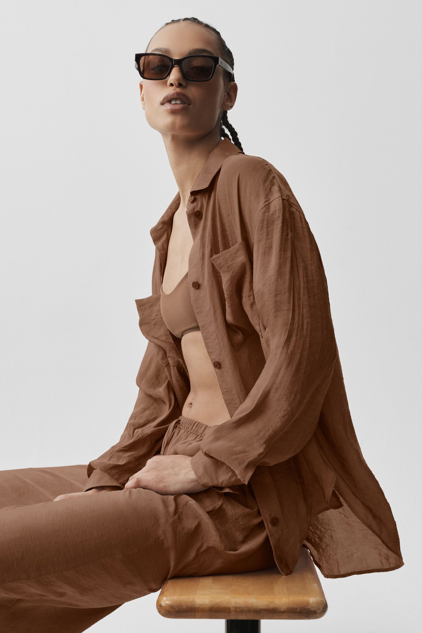 Semi-Sheer Golden Hour Button Down Long Sleeve - Sun Kissed Brown - Image 4