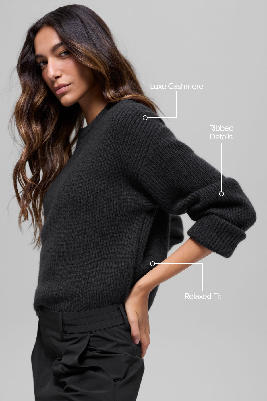 Wool Cashmere Ribbed Noble Crewneck Sweater - Black - Image 2
