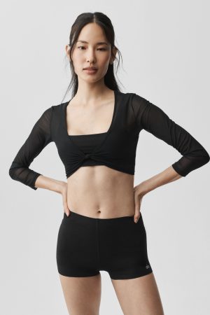 Mesh Knotty 3/4 Sleeve Top - Black