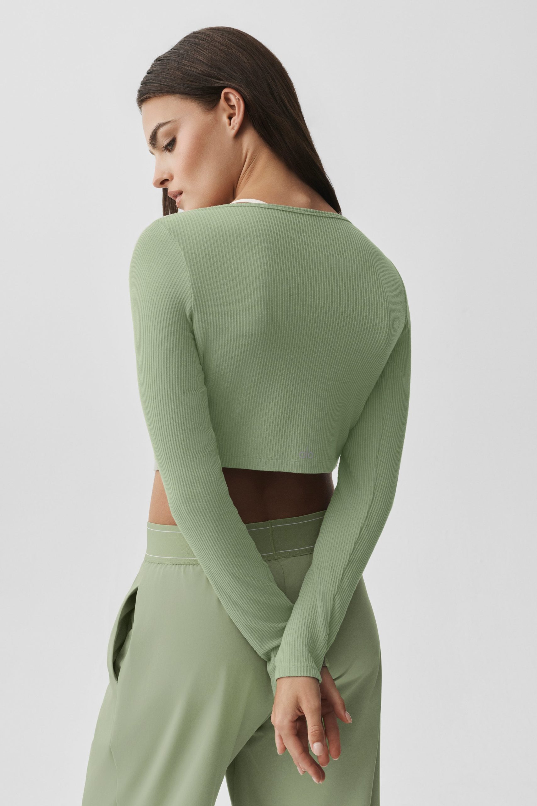 Ribbed Cropped Whisper Cardigan - Dune Grass - Image 2