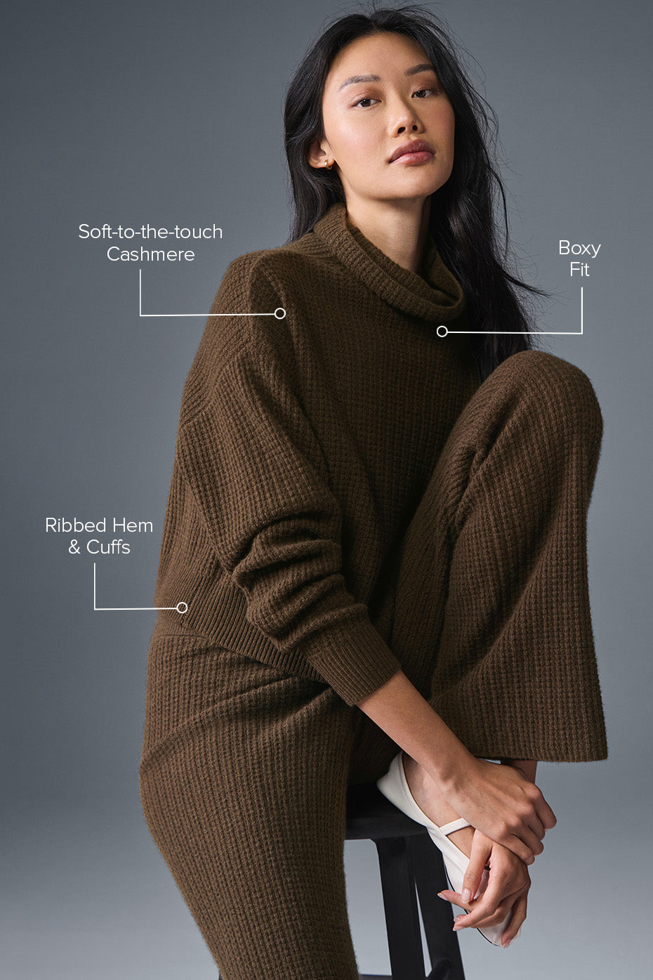 Cashmere Plush Waffle Turtleneck Pullover - Espresso - Image 2