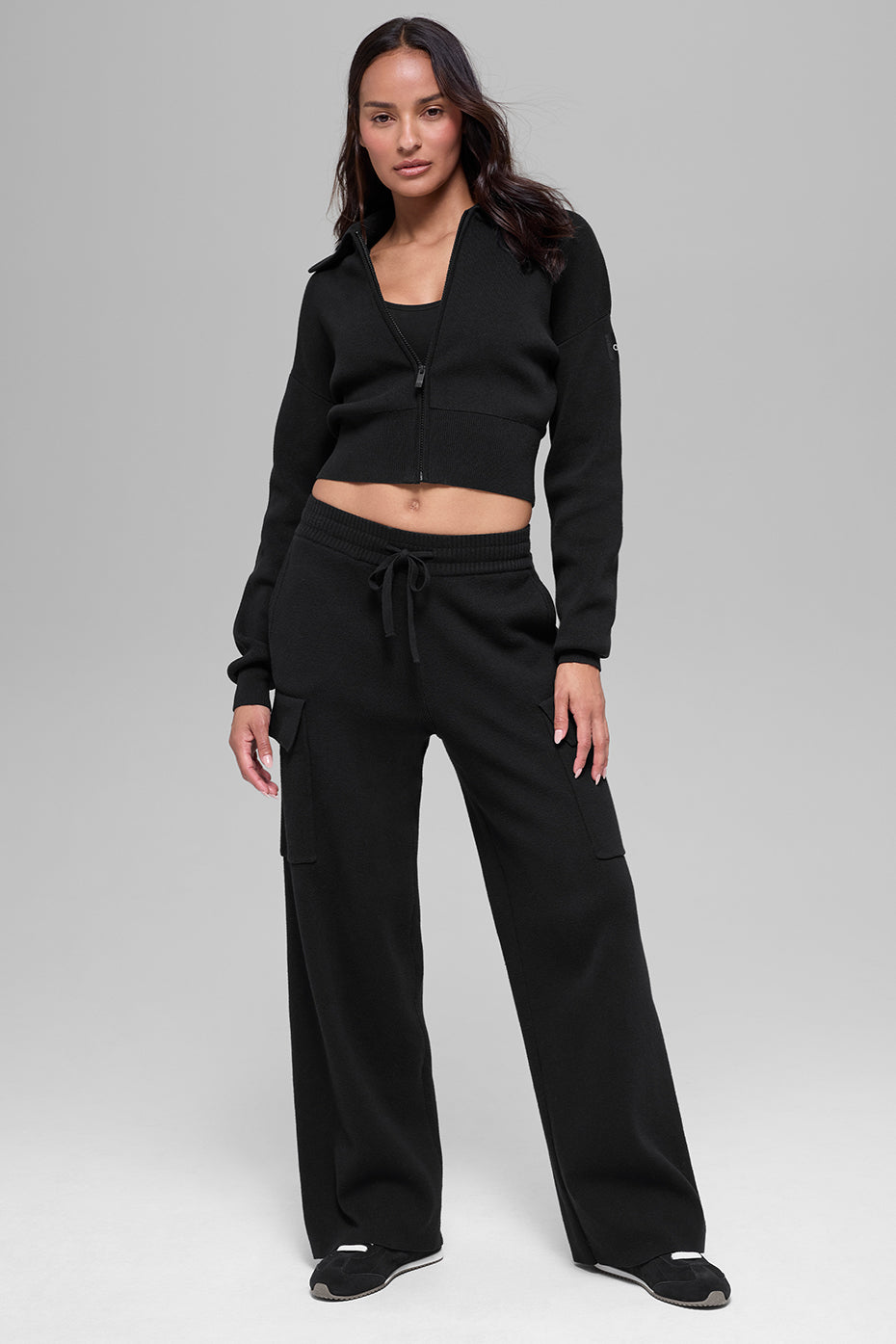 Scholar Knit Cropped Full Zip Jacket - Black - Image 5