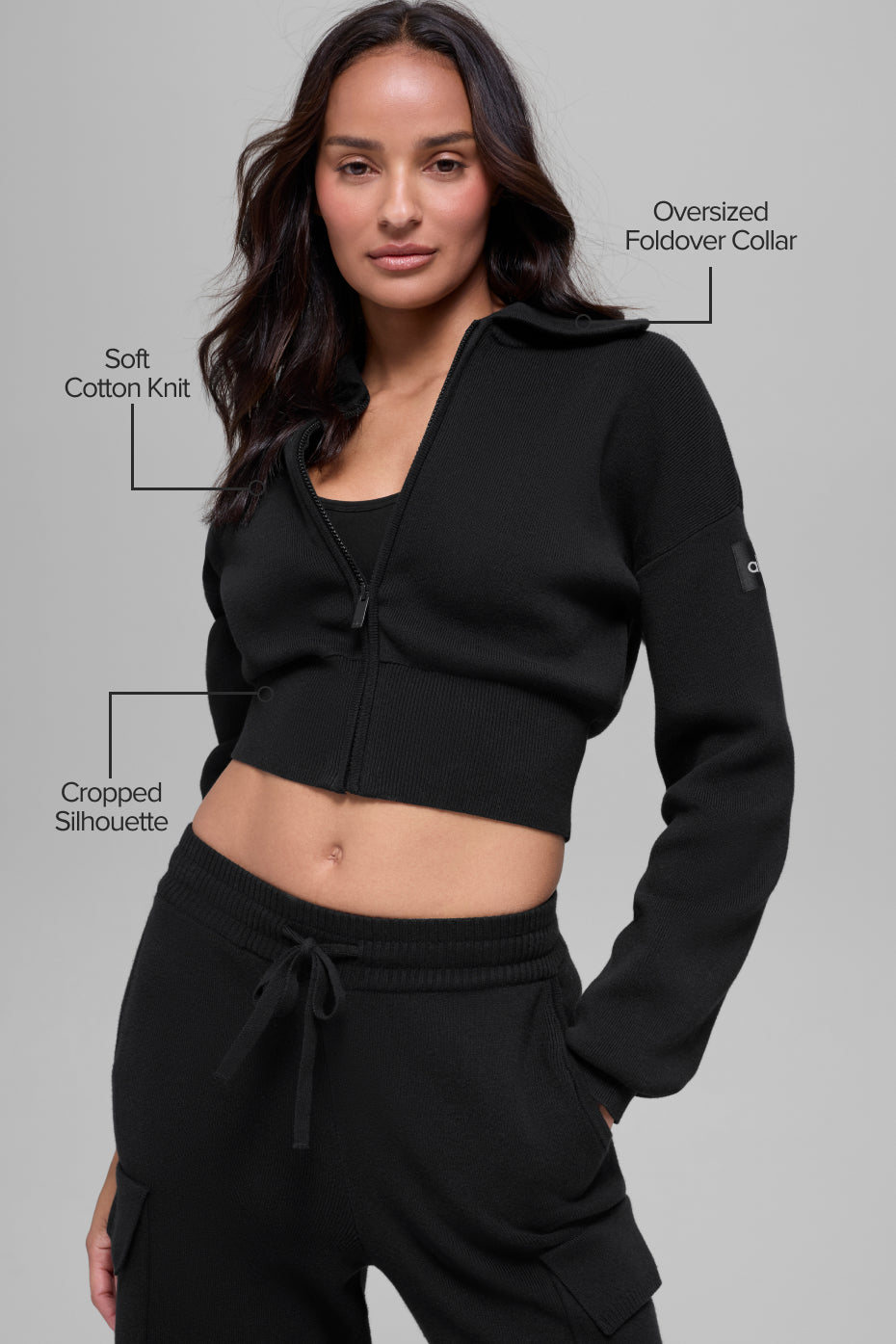Scholar Knit Cropped Full Zip Jacket - Black - Image 2