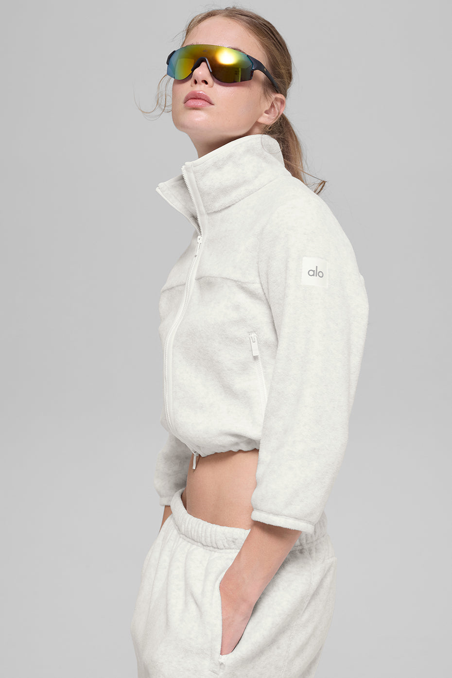 Polar Fleece Retreat Cropped Jacket - White Heather Grey - Image 2