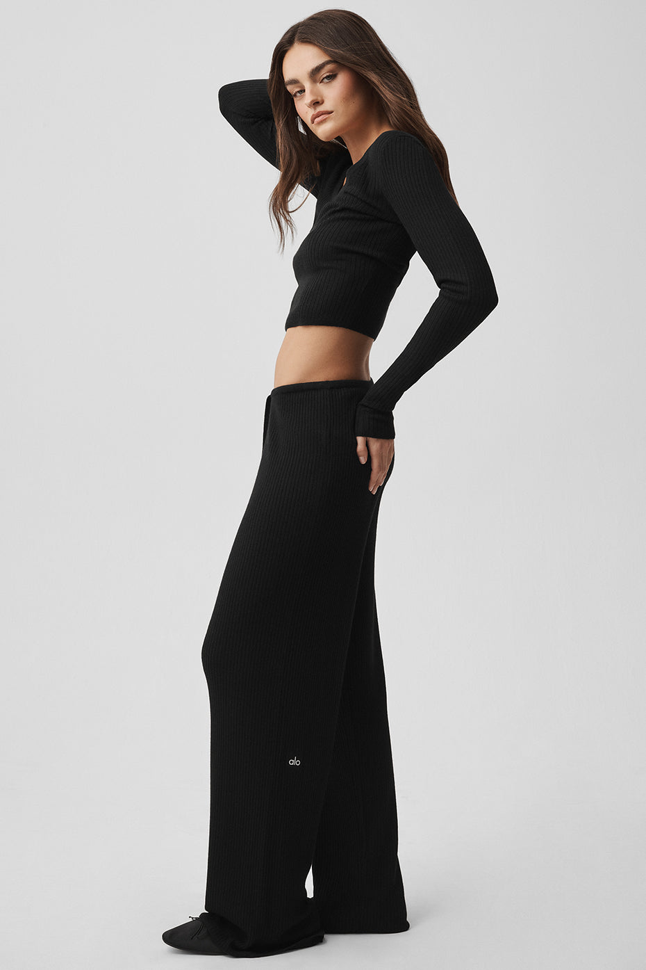 Sweater Knit Mid-Rise Unwind Wide Leg Pant - Black - Image 5