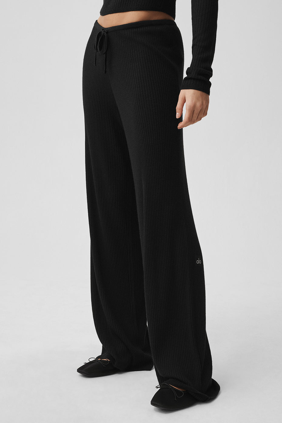 Sweater Knit Mid-Rise Unwind Wide Leg Pant - Black - Image 3