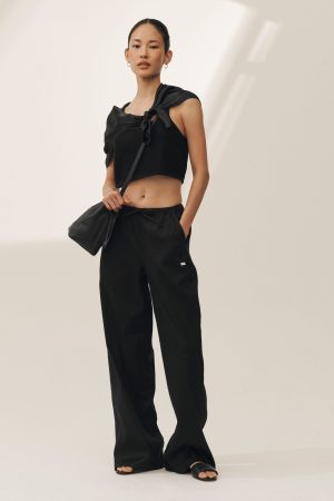 Linen Blend Riviera Wide Leg Pant - Black